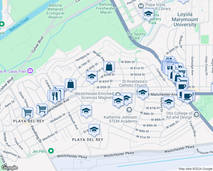 map of restaurants, bars, coffee shops, grocery stores, and more near 7609 West 85th Street in Los Angeles