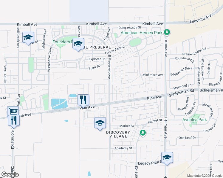 map of restaurants, bars, coffee shops, grocery stores, and more near 16135 East Preserve Loop in Chino