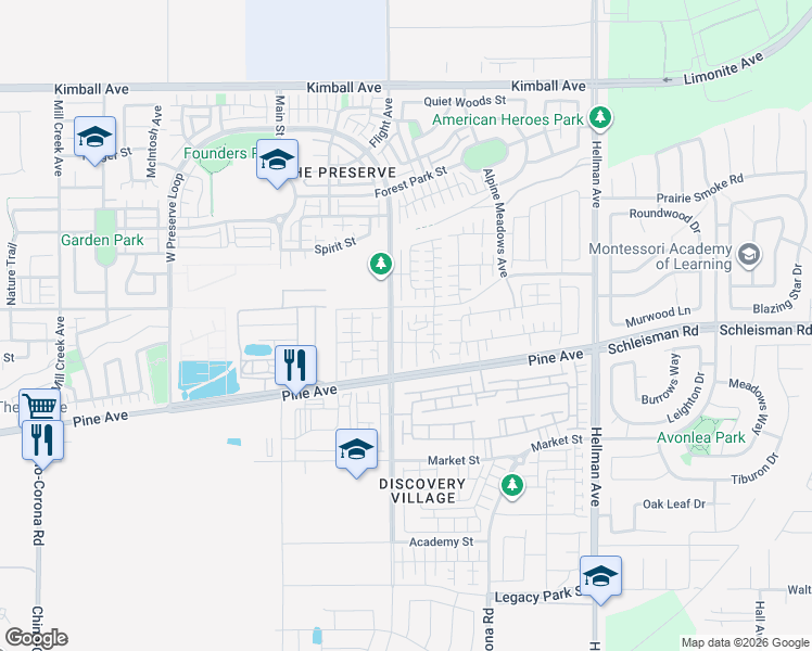 map of restaurants, bars, coffee shops, grocery stores, and more near 8536 Midway Lane in Chino