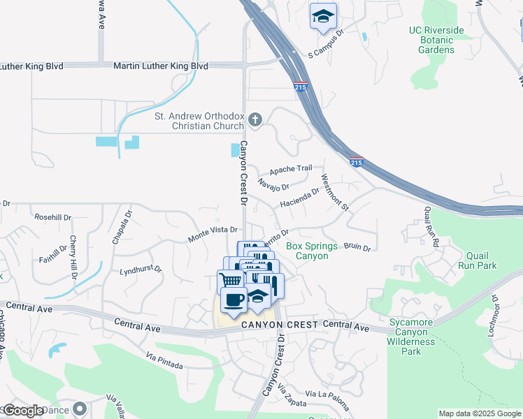 map of restaurants, bars, coffee shops, grocery stores, and more near 5030 Kensington Way in Riverside