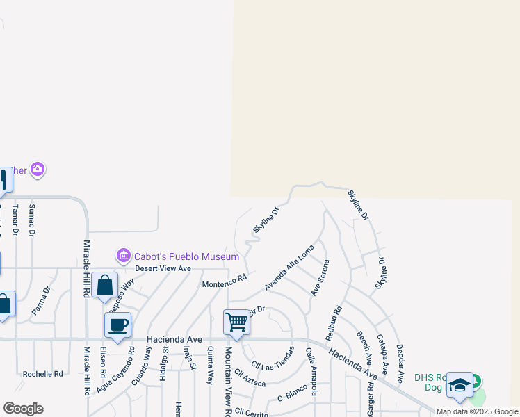 map of restaurants, bars, coffee shops, grocery stores, and more near Highland Avenue in Desert Hot Springs