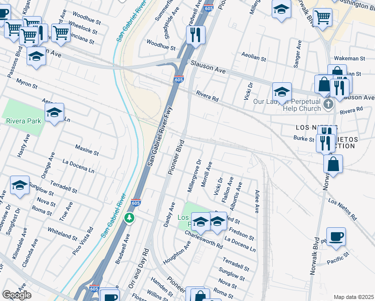 map of restaurants, bars, coffee shops, grocery stores, and more near in Santa Fe Springs