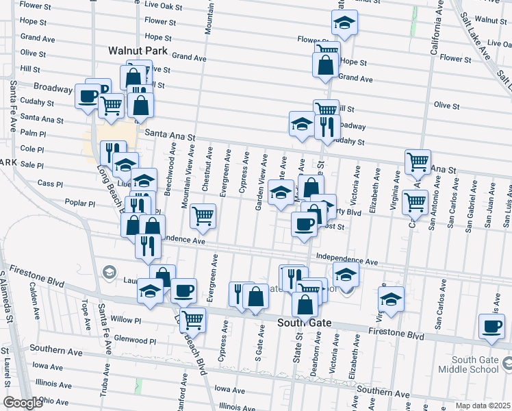 map of restaurants, bars, coffee shops, grocery stores, and more near 3076 Liberty Boulevard in South Gate