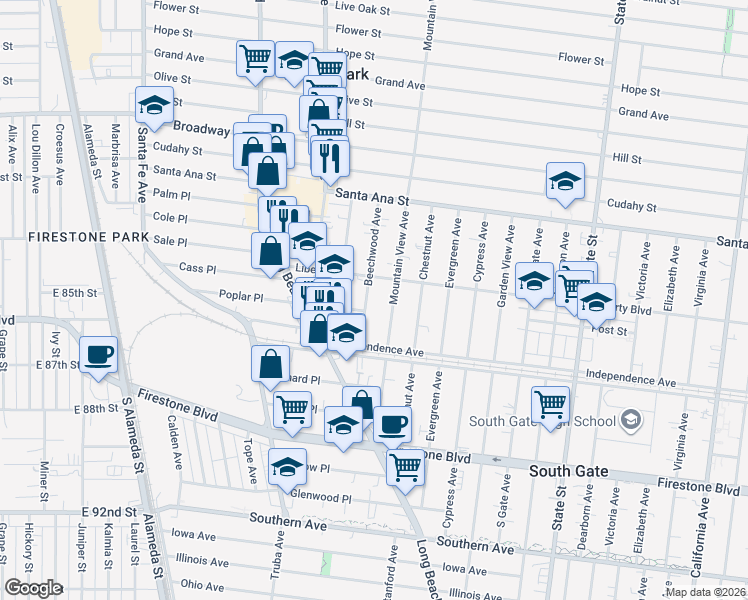 map of restaurants, bars, coffee shops, grocery stores, and more near 8424 Beechwood Avenue in South Gate