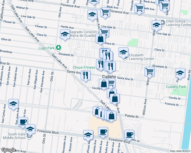 map of restaurants, bars, coffee shops, grocery stores, and more near 4546 Santa Ana Street in Cudahy