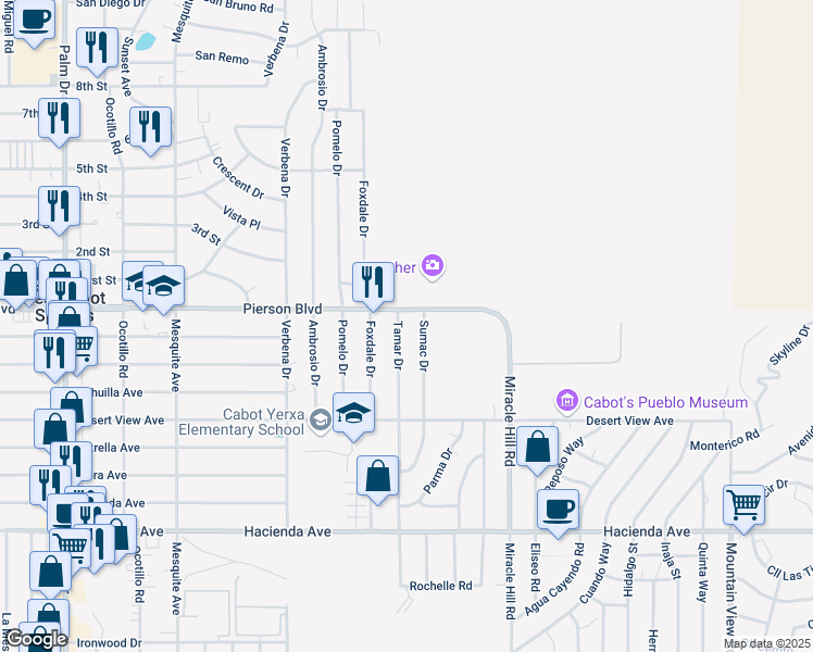 map of restaurants, bars, coffee shops, grocery stores, and more near 12074 Tamar Drive in Desert Hot Springs