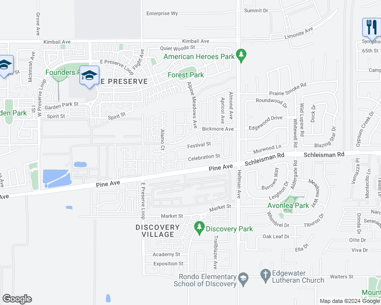 map of restaurants, bars, coffee shops, grocery stores, and more near 8687 Festival Street in Chino