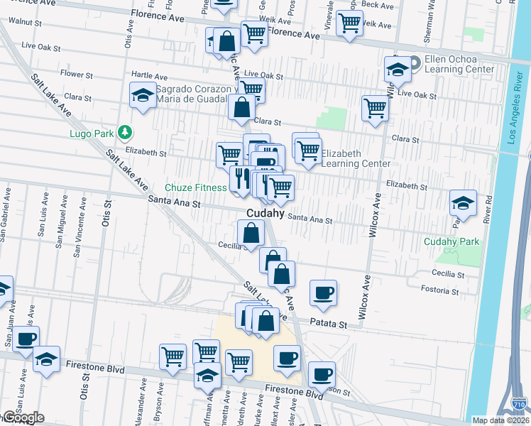 map of restaurants, bars, coffee shops, grocery stores, and more near 7601 Wilcox Avenue in Bell Gardens