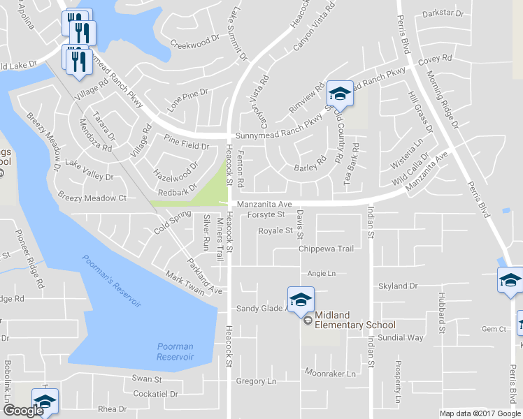 map of restaurants, bars, coffee shops, grocery stores, and more near 24118 Forsyte Street in Moreno Valley
