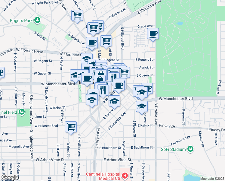 map of restaurants, bars, coffee shops, grocery stores, and more near 206 South Locust Street in Inglewood