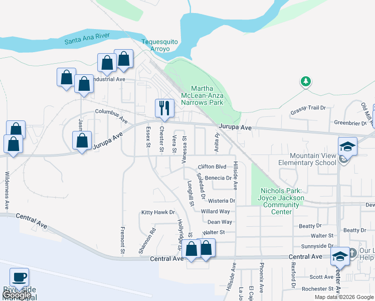 map of restaurants, bars, coffee shops, grocery stores, and more near 6051 Vanessa Street in Riverside