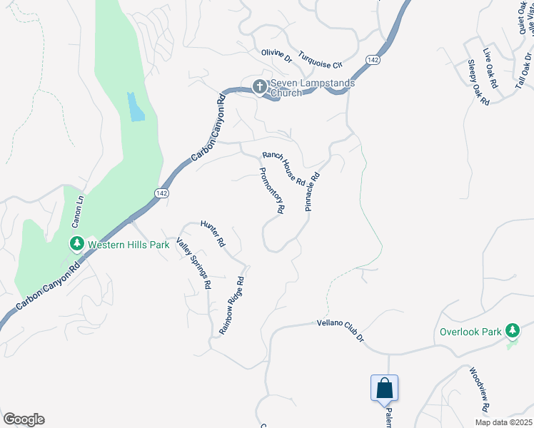 map of restaurants, bars, coffee shops, grocery stores, and more near 16116 Promontory Road in Chino Hills