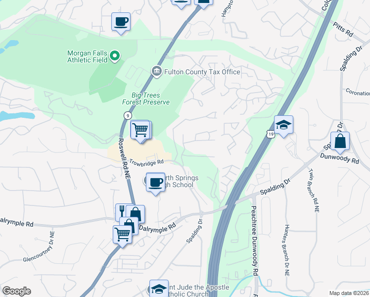 map of restaurants, bars, coffee shops, grocery stores, and more near 57 Trowbridge Lake Road in Atlanta