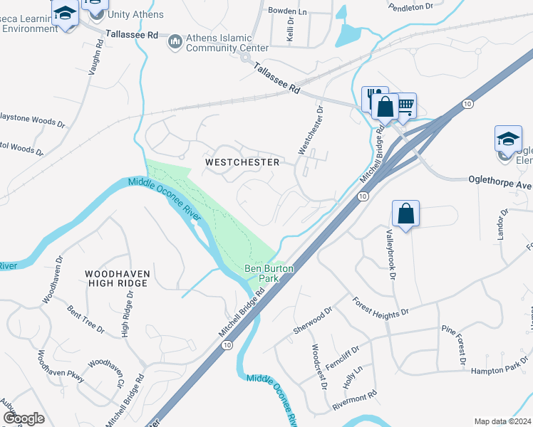 map of restaurants, bars, coffee shops, grocery stores, and more near 267 Westchester Circle in Athens