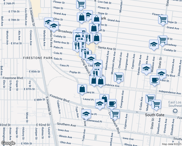 map of restaurants, bars, coffee shops, grocery stores, and more near 2704 Liberty Boulevard in South Gate