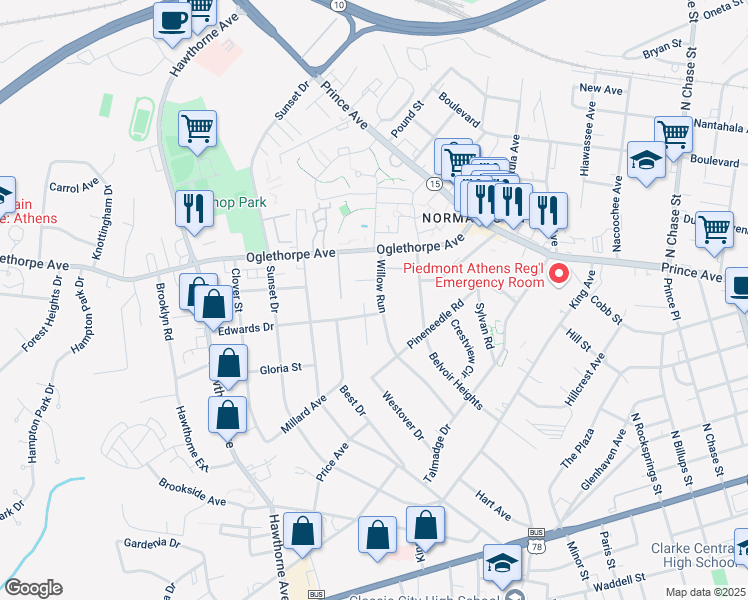 map of restaurants, bars, coffee shops, grocery stores, and more near 327 Willow Run in Athens