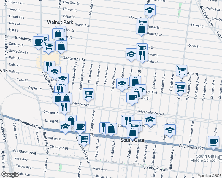 map of restaurants, bars, coffee shops, grocery stores, and more near 3076 Liberty Boulevard in South Gate