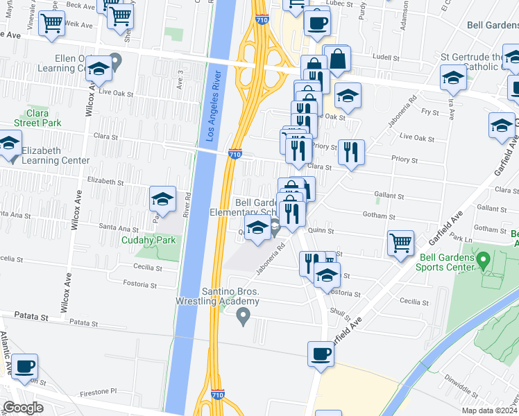 map of restaurants, bars, coffee shops, grocery stores, and more near 5602 Gotham Street in Bell Gardens