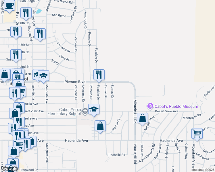 map of restaurants, bars, coffee shops, grocery stores, and more near 67221 Pierson Boulevard in Desert Hot Springs