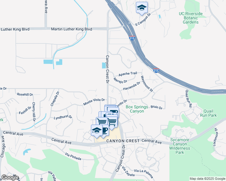 map of restaurants, bars, coffee shops, grocery stores, and more near 5050 Pearblossom Drive in Riverside