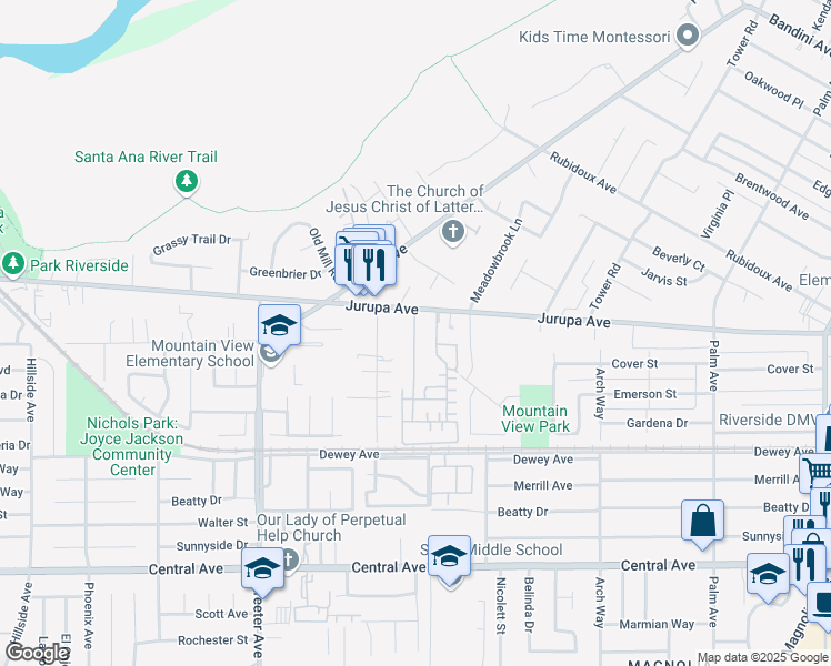 map of restaurants, bars, coffee shops, grocery stores, and more near 4985 Jurupa Avenue in Riverside