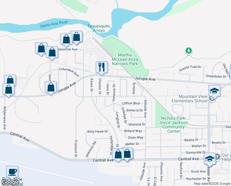 map of restaurants, bars, coffee shops, grocery stores, and more near 6051 Vanessa Street in Riverside