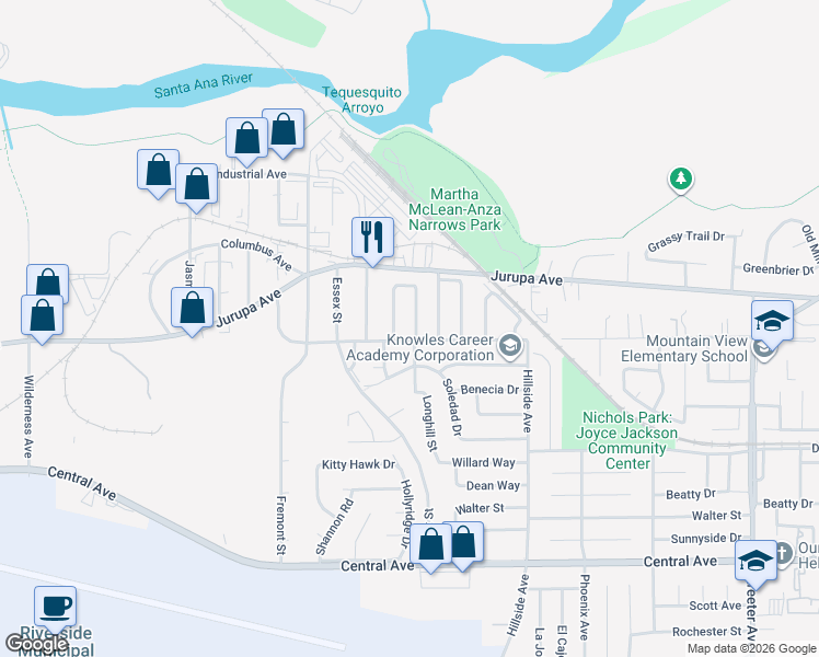 map of restaurants, bars, coffee shops, grocery stores, and more near 6051 Vanessa Street in Riverside