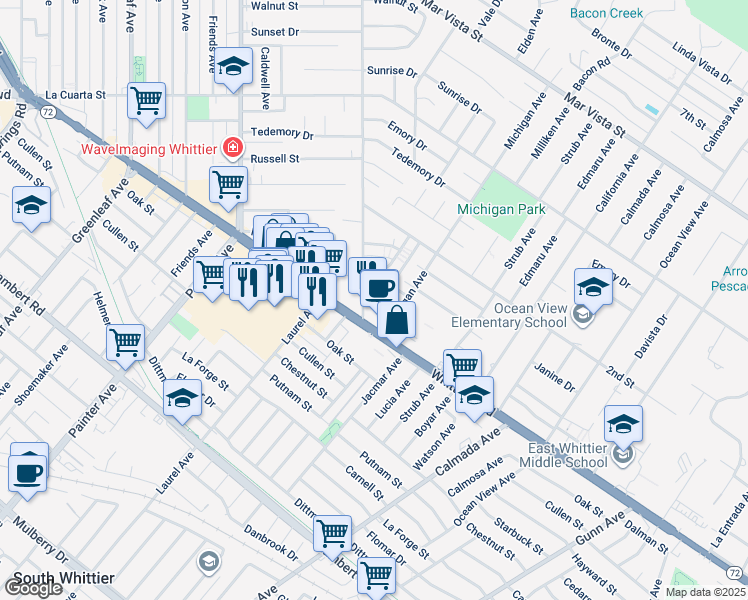 map of restaurants, bars, coffee shops, grocery stores, and more near 13801 Christine Drive in Whittier