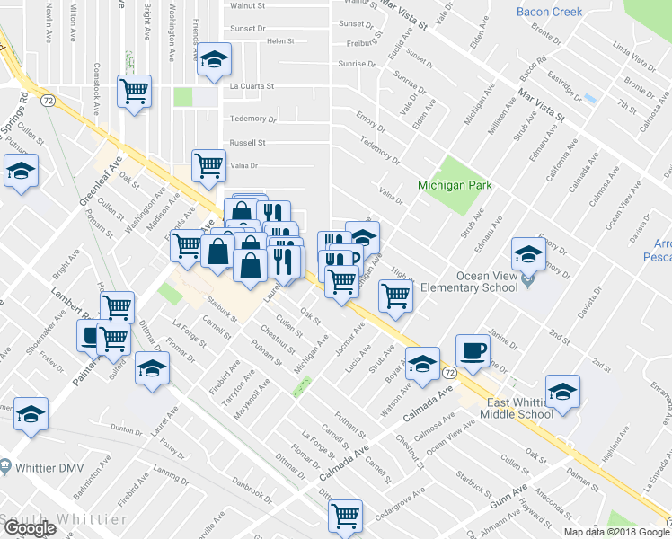 map of restaurants, bars, coffee shops, grocery stores, and more near 13801 Christine Drive in Whittier