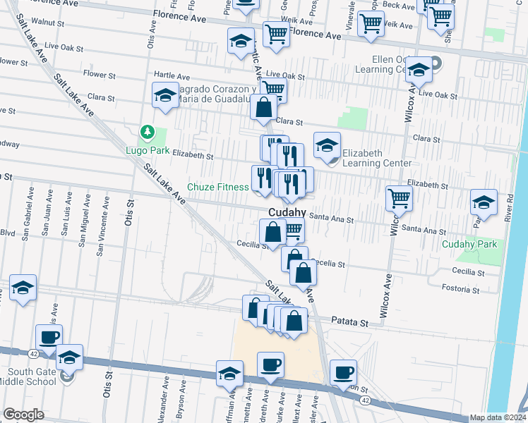 map of restaurants, bars, coffee shops, grocery stores, and more near in Cudahy