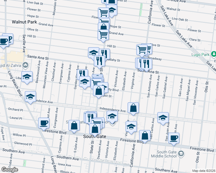 map of restaurants, bars, coffee shops, grocery stores, and more near 8165 Dearborn Avenue in South Gate