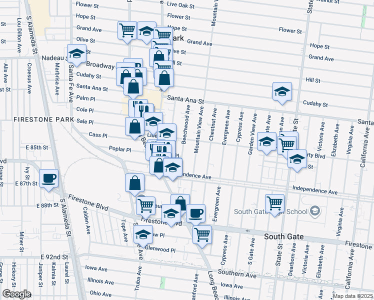 map of restaurants, bars, coffee shops, grocery stores, and more near 2750 Liberty Boulevard in South Gate