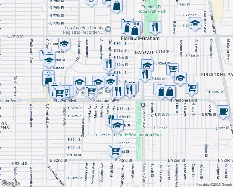 map of restaurants, bars, coffee shops, grocery stores, and more near 1537 1/2 East 85th Street in Los Angeles