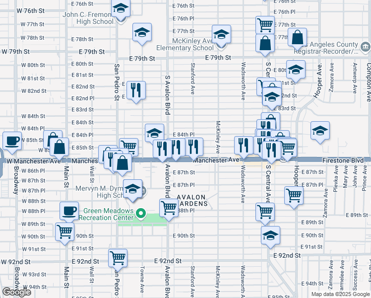 map of restaurants, bars, coffee shops, grocery stores, and more near 8463 Stanford Avenue in Los Angeles
