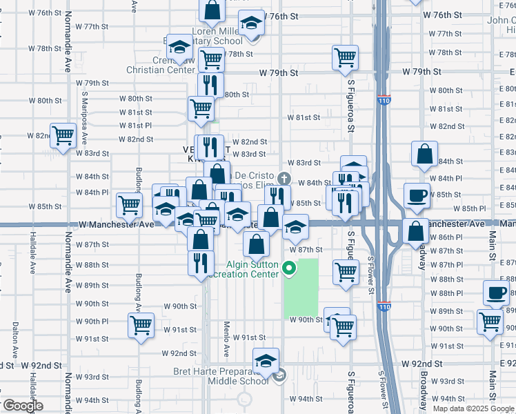 map of restaurants, bars, coffee shops, grocery stores, and more near 841 West 85th Street in Los Angeles