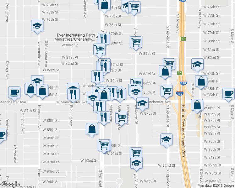 map of restaurants, bars, coffee shops, grocery stores, and more near 925 1/2 West 85th Street in Los Angeles