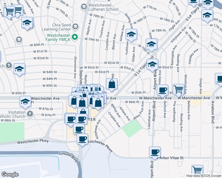 map of restaurants, bars, coffee shops, grocery stores, and more near 8427 Bleriot Avenue in Los Angeles
