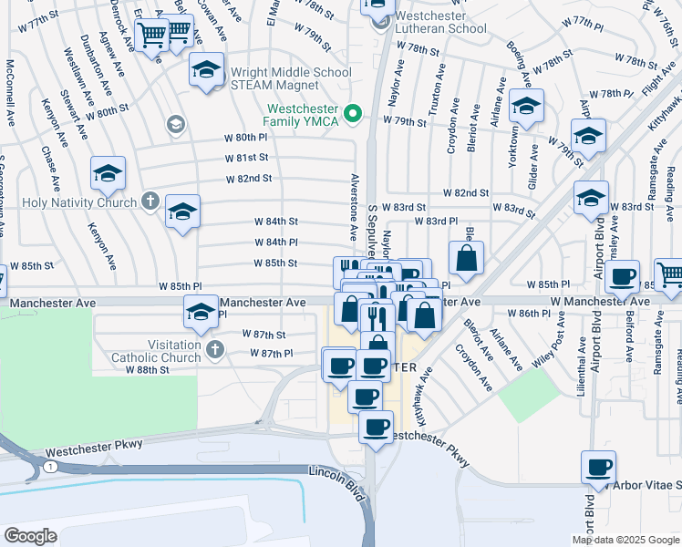 map of restaurants, bars, coffee shops, grocery stores, and more near 6347 West 85th Street in Los Angeles