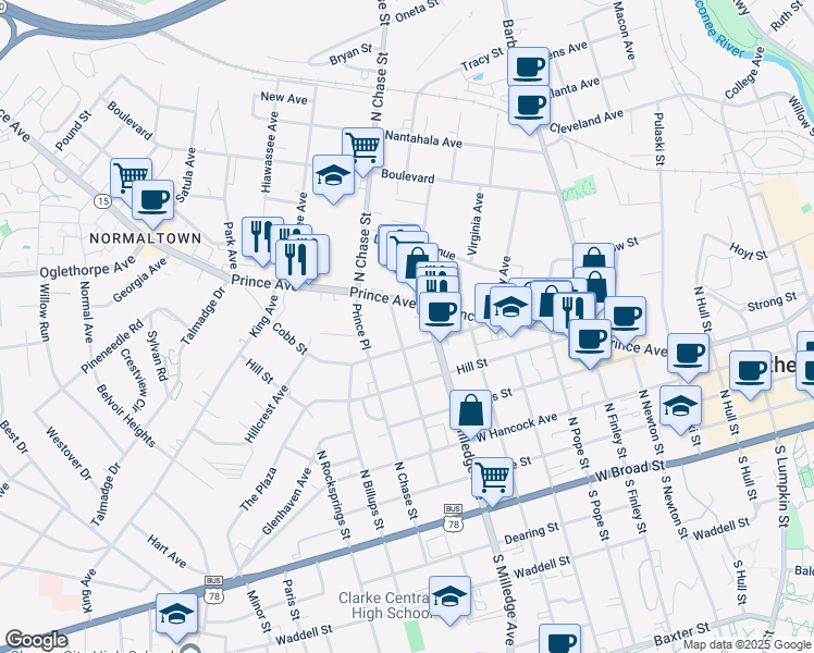 map of restaurants, bars, coffee shops, grocery stores, and more near 843 Prince Ave in Athens