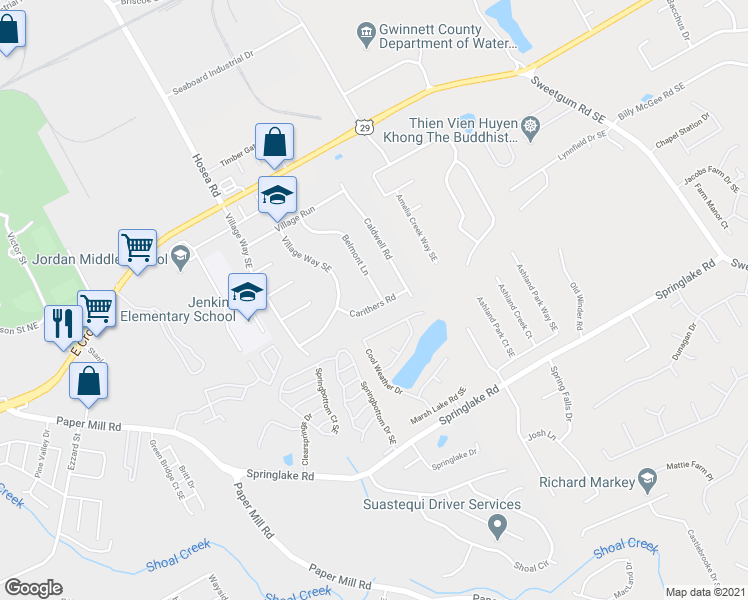 map of restaurants, bars, coffee shops, grocery stores, and more near 550 Carithers Road in Lawrenceville