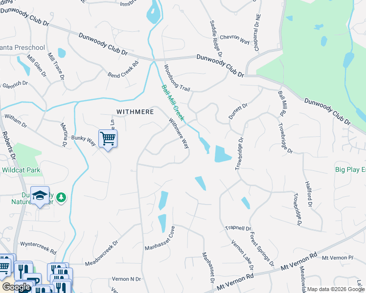 map of restaurants, bars, coffee shops, grocery stores, and more near 1584 Summerset Drive in Dunwoody