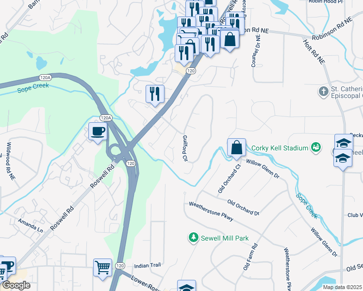 map of restaurants, bars, coffee shops, grocery stores, and more near 451 Guilford Circle in Marietta