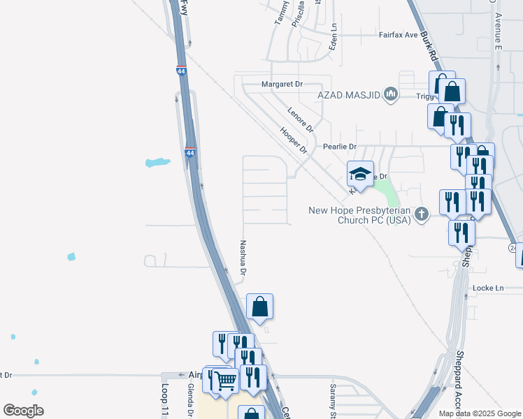 map of restaurants, bars, coffee shops, grocery stores, and more near 201 New Moon Lane in Wichita Falls