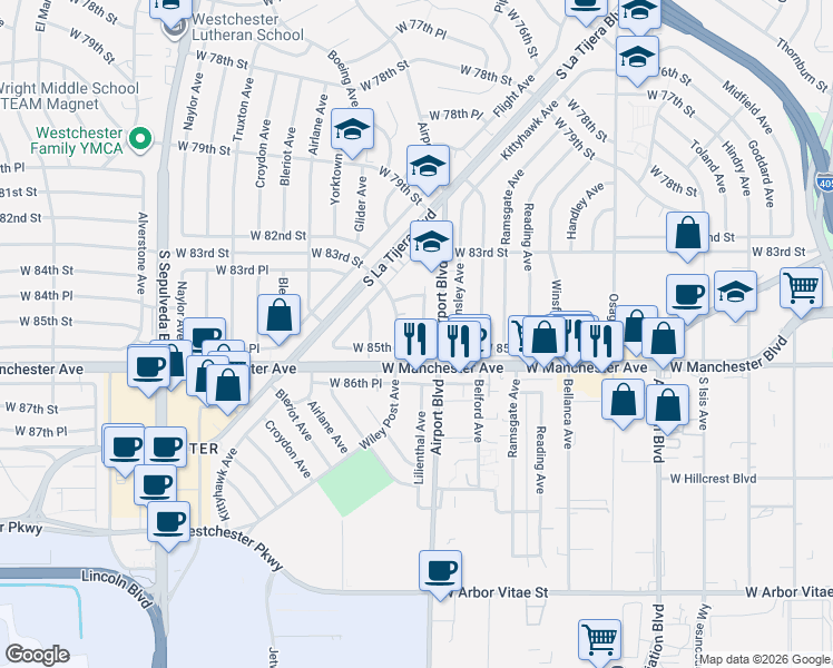 map of restaurants, bars, coffee shops, grocery stores, and more near 8503 Lilienthal Avenue in Los Angeles