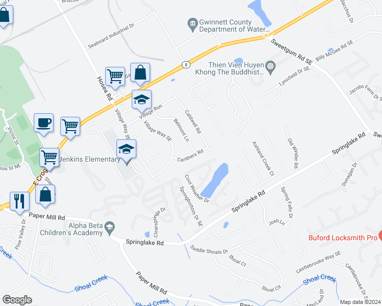 map of restaurants, bars, coffee shops, grocery stores, and more near 550 Carithers Road in Lawrenceville