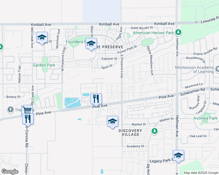 map of restaurants, bars, coffee shops, grocery stores, and more near 16126 Spicebush Lane in Chino