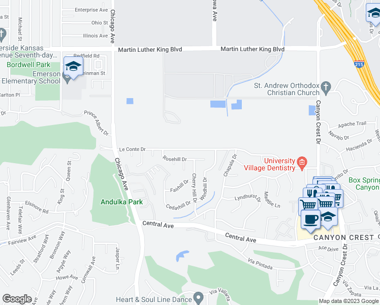 map of restaurants, bars, coffee shops, grocery stores, and more near 1380 Le Conte Drive in Riverside