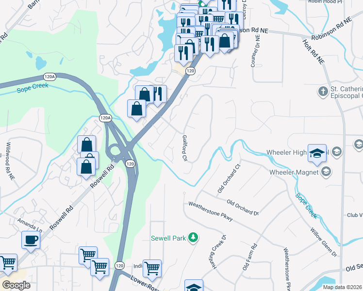map of restaurants, bars, coffee shops, grocery stores, and more near 451 Guilford Circle in Marietta