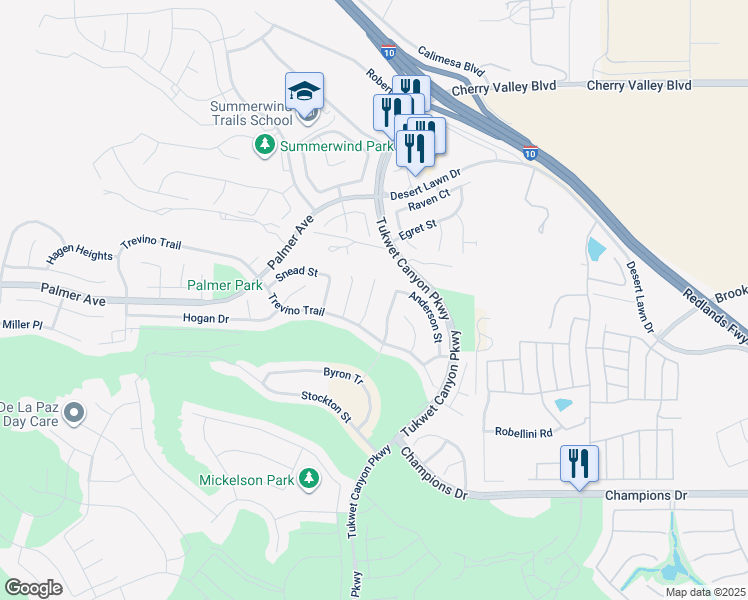 map of restaurants, bars, coffee shops, grocery stores, and more near 11158 Picard Place in Beaumont
