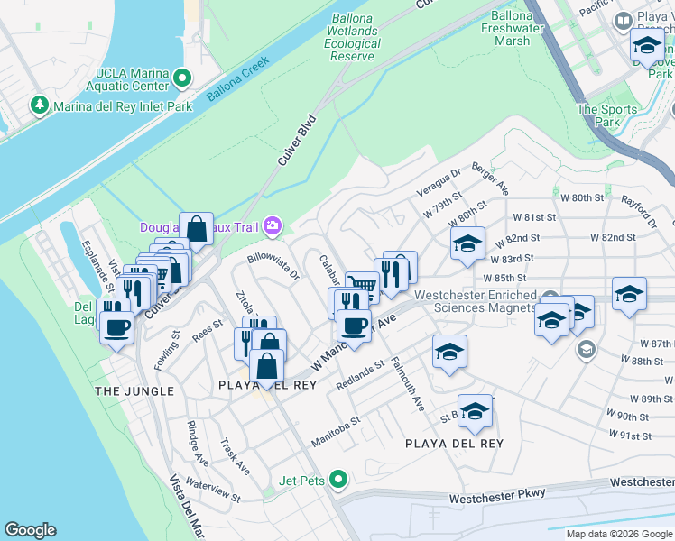 map of restaurants, bars, coffee shops, grocery stores, and more near 8141 Gulana Avenue in Los Angeles